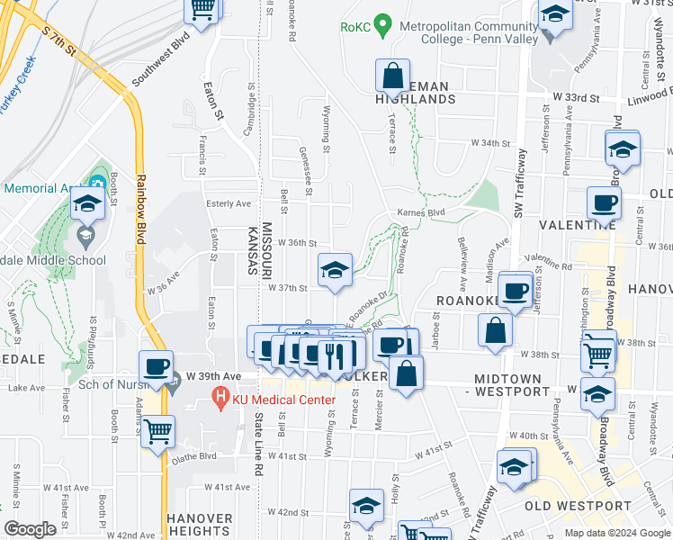 map of restaurants, bars, coffee shops, grocery stores, and more near 3625 Wyoming Street in Kansas City