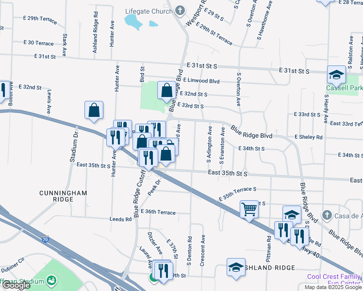 map of restaurants, bars, coffee shops, grocery stores, and more near 3322 South Denton Road in Independence