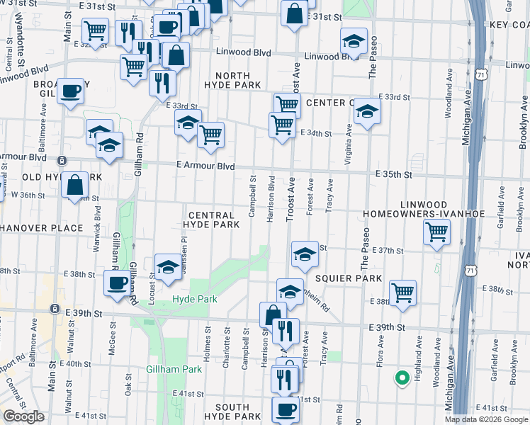 map of restaurants, bars, coffee shops, grocery stores, and more near 3600 Harrison Boulevard in Kansas City
