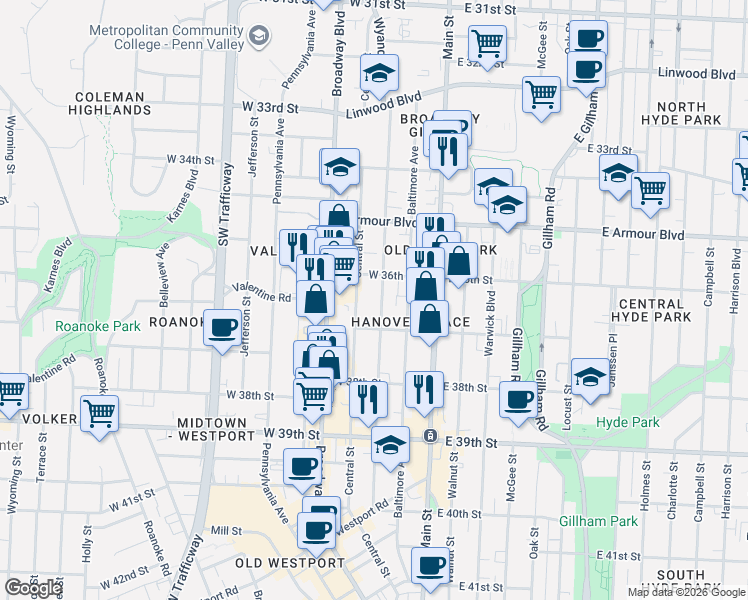 map of restaurants, bars, coffee shops, grocery stores, and more near 3612 Wyandotte Street in Kansas City