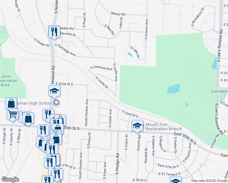 map of restaurants, bars, coffee shops, grocery stores, and more near 2313 South Leslie Avenue in Independence