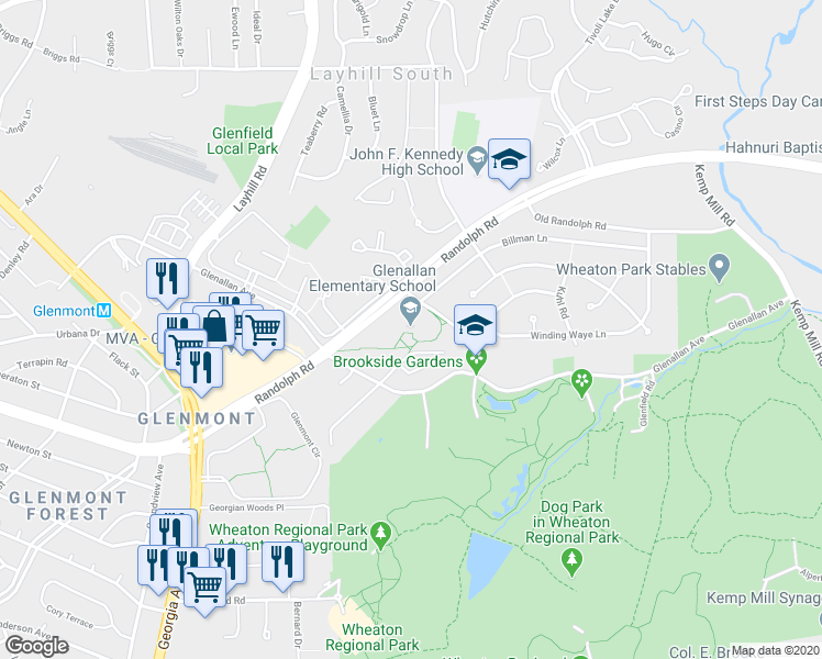 map of restaurants, bars, coffee shops, grocery stores, and more near 12520 Heurich Road in Silver Spring