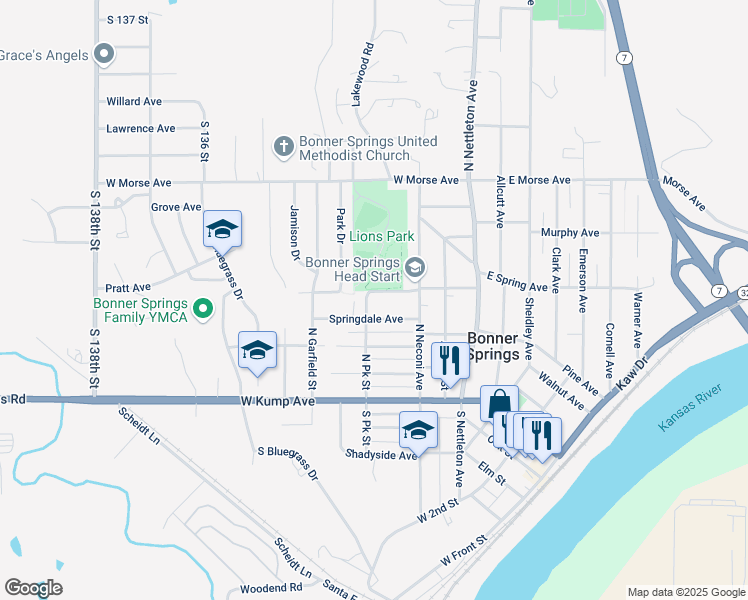 map of restaurants, bars, coffee shops, grocery stores, and more near 232 Pratt Avenue in Bonner Springs