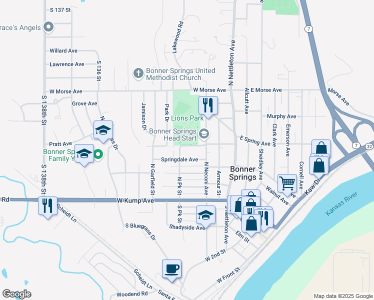 map of restaurants, bars, coffee shops, grocery stores, and more near 232 Pratt Avenue in Bonner Springs