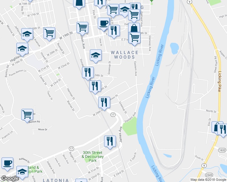 map of restaurants, bars, coffee shops, grocery stores, and more near 2500 Madison Avenue in Covington