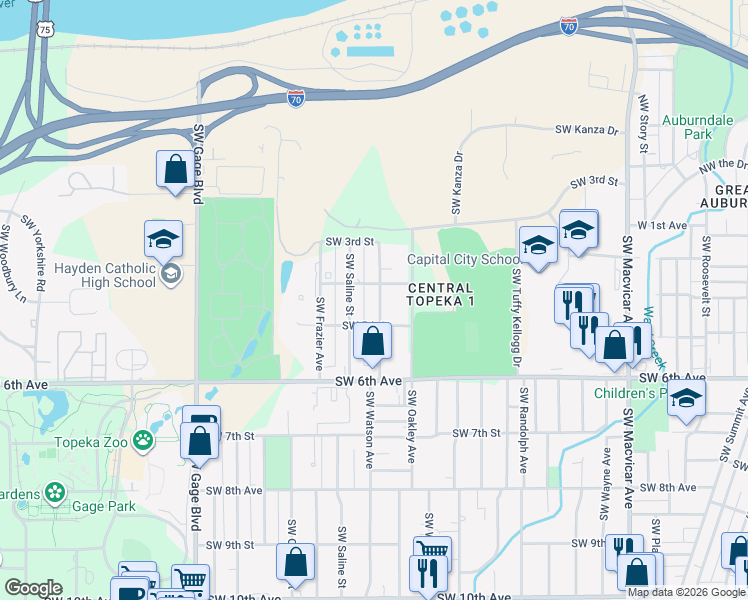 map of restaurants, bars, coffee shops, grocery stores, and more near 412 SW Watson Ave in Topeka