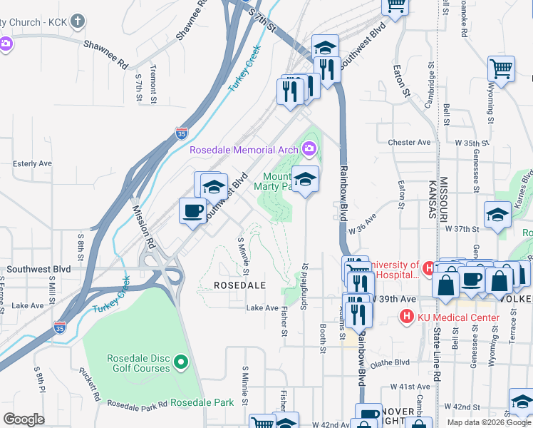 map of restaurants, bars, coffee shops, grocery stores, and more near 119 South Cherokee Street in Kansas City