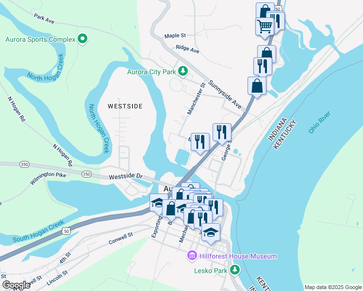 map of restaurants, bars, coffee shops, grocery stores, and more near 351 Moore Street in Aurora