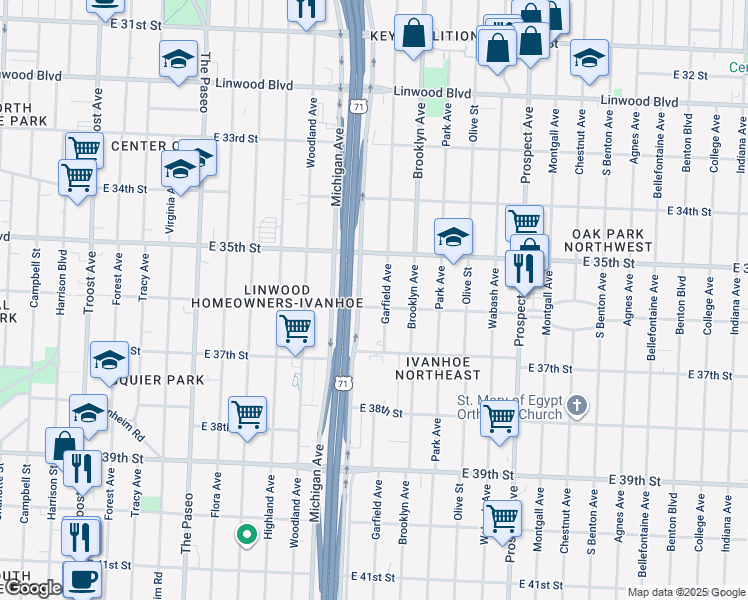 map of restaurants, bars, coffee shops, grocery stores, and more near 3537 Euclid Avenue in Kansas City