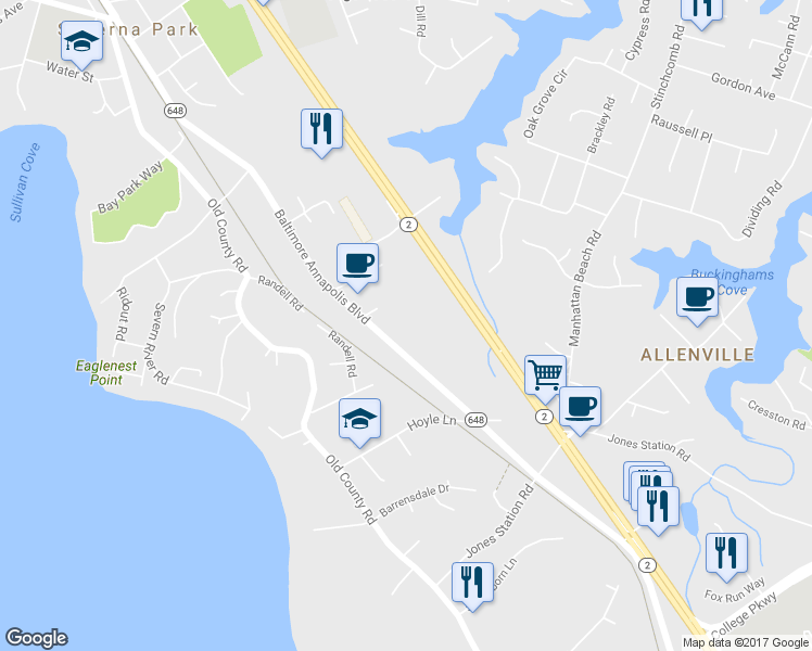 map of restaurants, bars, coffee shops, grocery stores, and more near 873 Baltimore Annapolis Boulevard in Severna Park