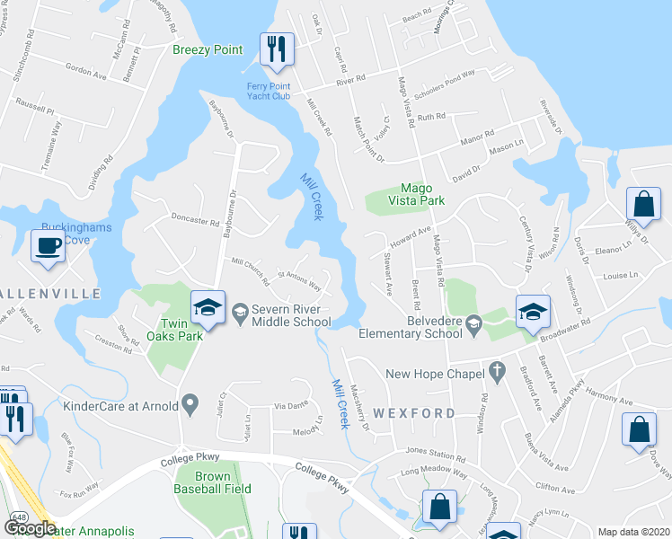 map of restaurants, bars, coffee shops, grocery stores, and more near 255 Mill Church Road in Arnold