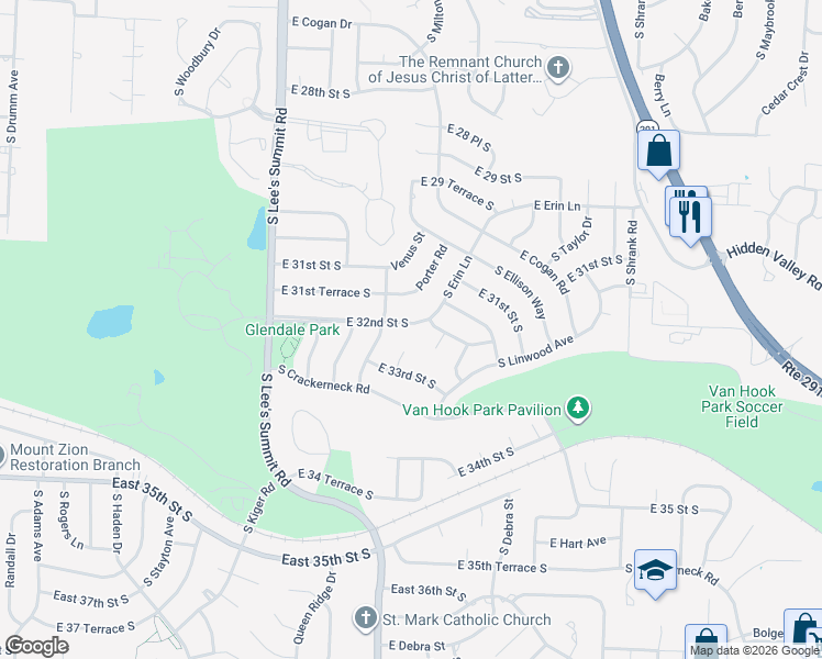 map of restaurants, bars, coffee shops, grocery stores, and more near 16409 East 32nd Street South in Independence