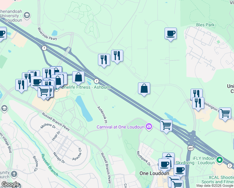 map of restaurants, bars, coffee shops, grocery stores, and more near Virginia 7 in Ashburn