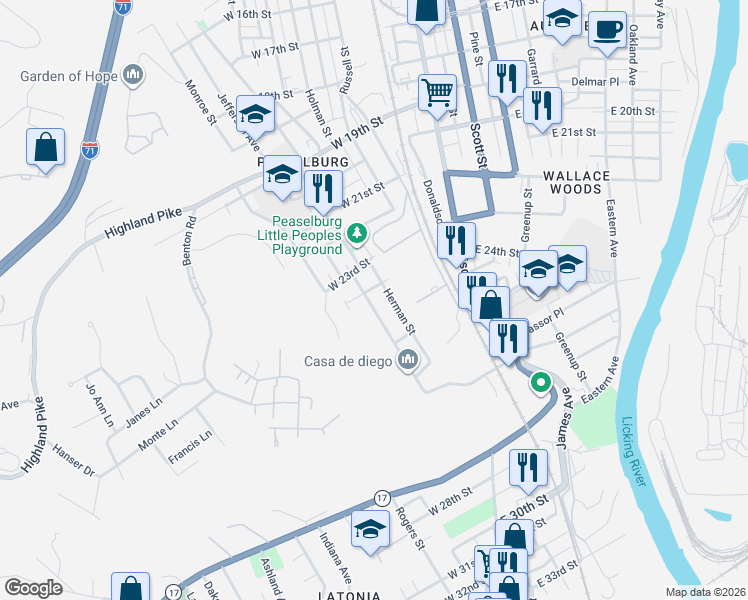 map of restaurants, bars, coffee shops, grocery stores, and more near 2404 Warren Street in Covington