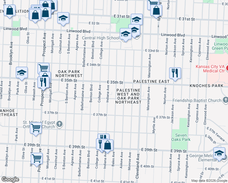 map of restaurants, bars, coffee shops, grocery stores, and more near 3519 Indiana Avenue in Kansas City