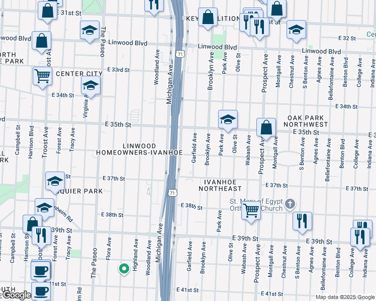 map of restaurants, bars, coffee shops, grocery stores, and more near 3537 Euclid Avenue in Kansas City