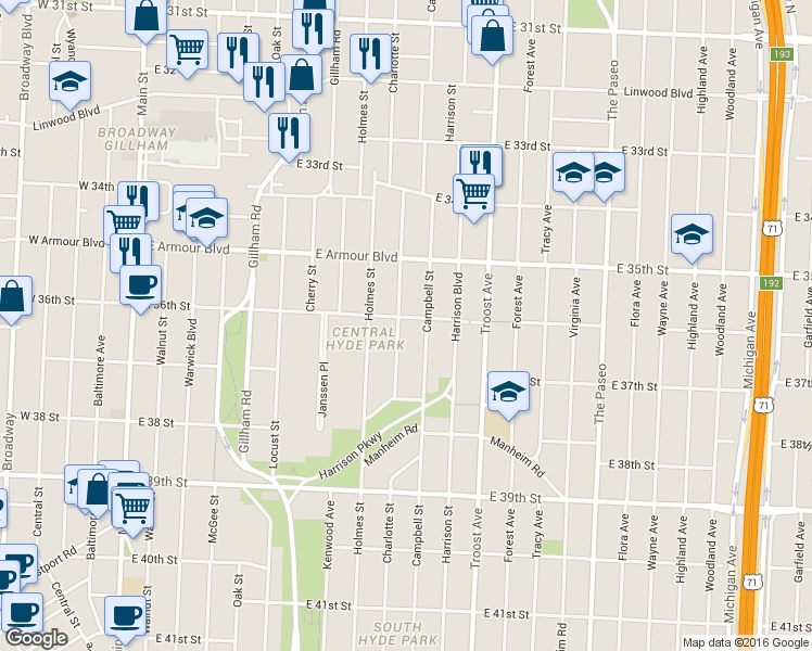 map of restaurants, bars, coffee shops, grocery stores, and more near 3601 Charlotte Street in Kansas City