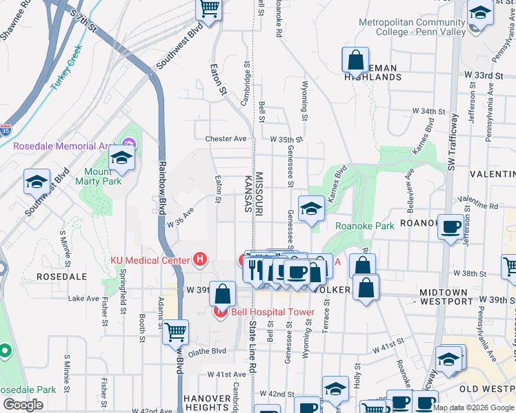 map of restaurants, bars, coffee shops, grocery stores, and more near 3616 Bell Street in Kansas City