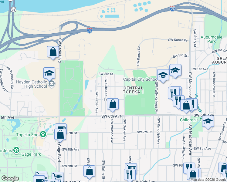 map of restaurants, bars, coffee shops, grocery stores, and more near 412 SW Watson Ave in Topeka