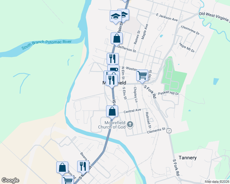 map of restaurants, bars, coffee shops, grocery stores, and more near 117 South Main Street in Moorefield