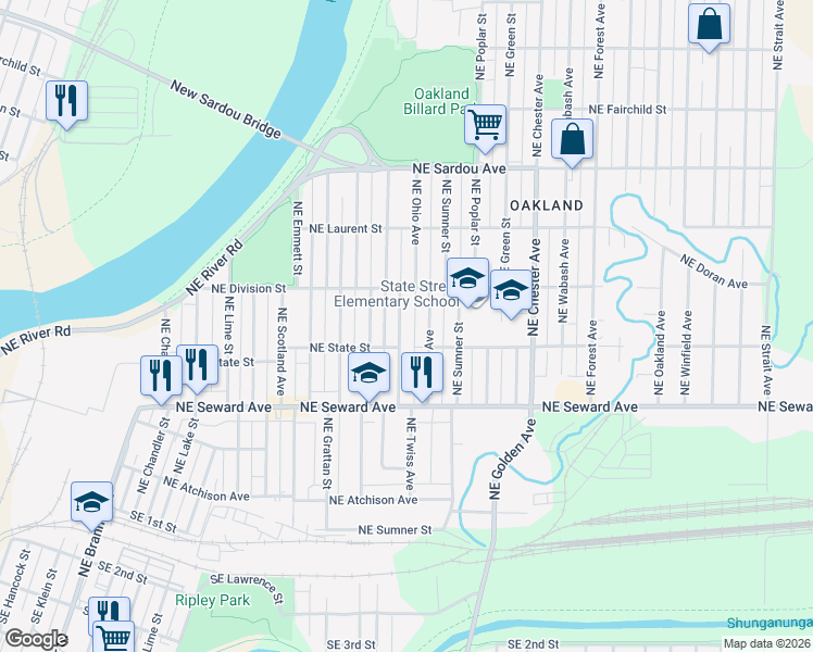 map of restaurants, bars, coffee shops, grocery stores, and more near 520 Northeast Twiss Avenue in Topeka