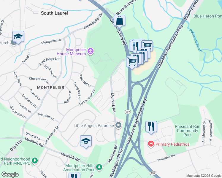 map of restaurants, bars, coffee shops, grocery stores, and more near 9564 Muirkirk Road in Laurel