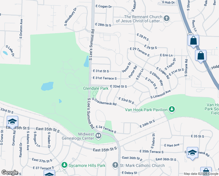 map of restaurants, bars, coffee shops, grocery stores, and more near 3200 Queen Ridge Drive in Independence