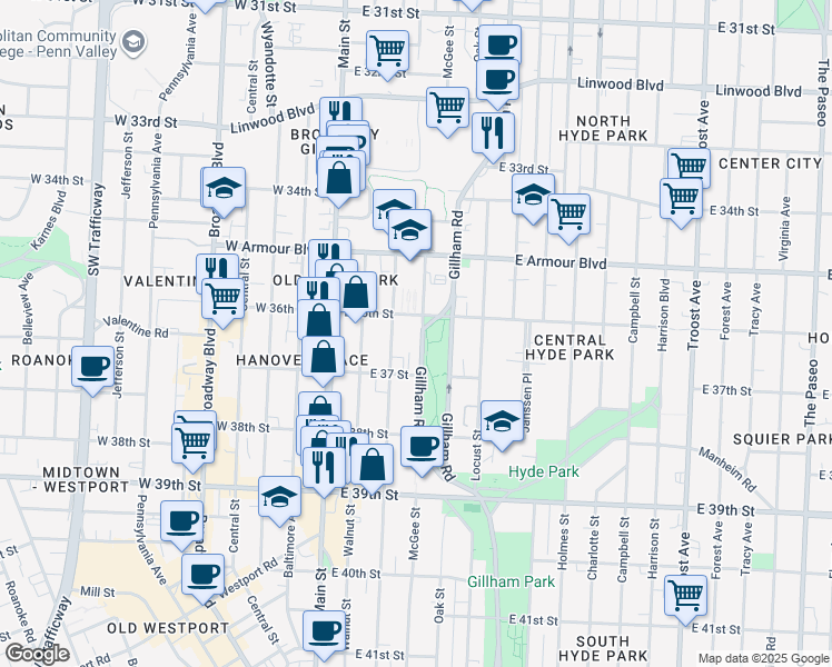 map of restaurants, bars, coffee shops, grocery stores, and more near 3606 Gillham Road in Kansas City