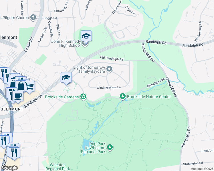 map of restaurants, bars, coffee shops, grocery stores, and more near 12500 Kuhl Road in Silver Spring
