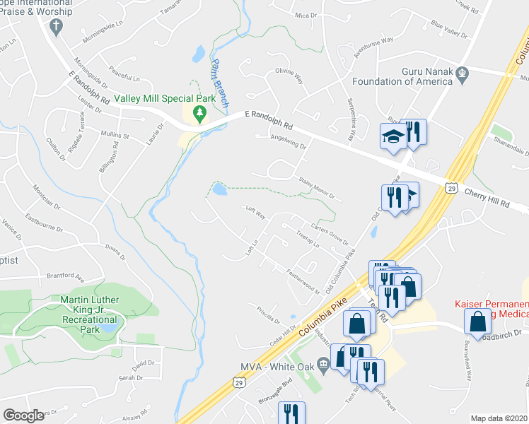 map of restaurants, bars, coffee shops, grocery stores, and more near 1728 Loft Way in Silver Spring
