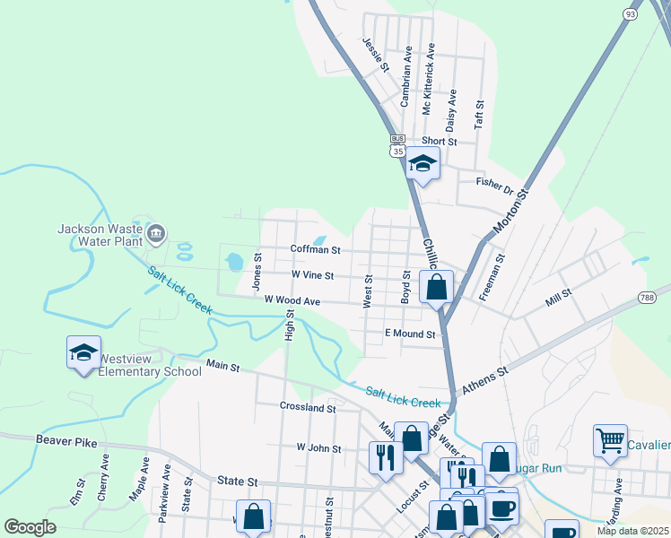 map of restaurants, bars, coffee shops, grocery stores, and more near 6W West Vine Street in Jackson