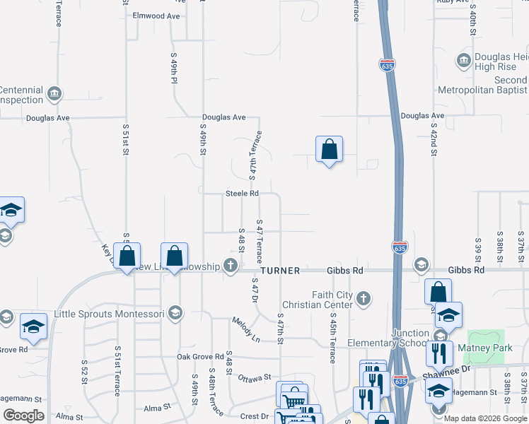 map of restaurants, bars, coffee shops, grocery stores, and more near 2123 South 47 Terrace in Kansas City