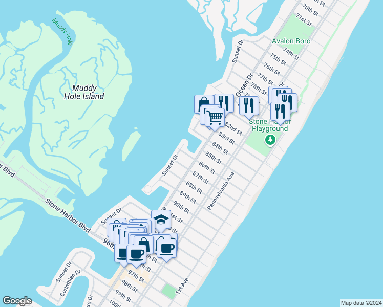map of restaurants, bars, coffee shops, grocery stores, and more near 324 86th Street in Stone Harbor