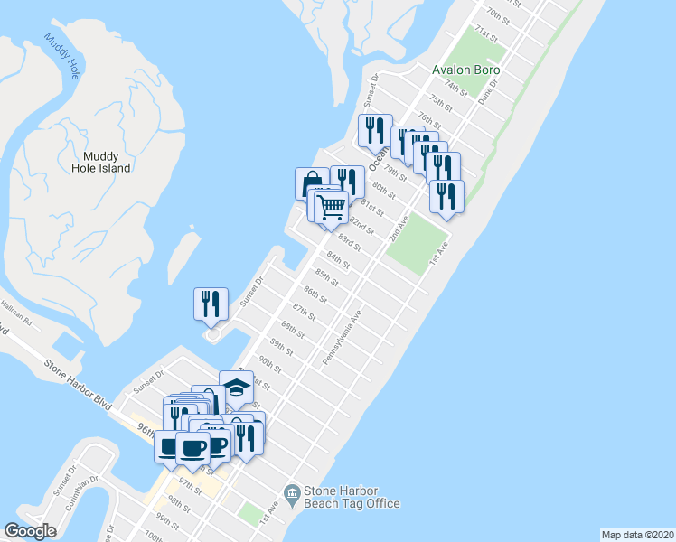 map of restaurants, bars, coffee shops, grocery stores, and more near 10 Linden Lane in Stone Harbor