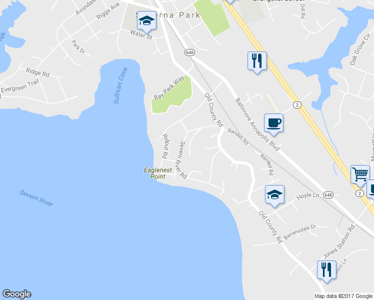 map of restaurants, bars, coffee shops, grocery stores, and more near 7 Old Station Road in Severna Park