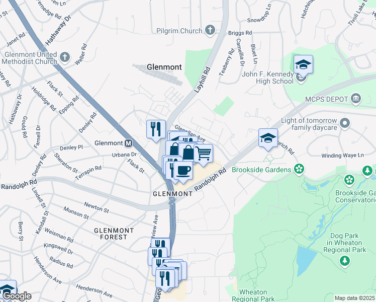 map of restaurants, bars, coffee shops, grocery stores, and more near 2210 Greenery Lane in Silver Spring
