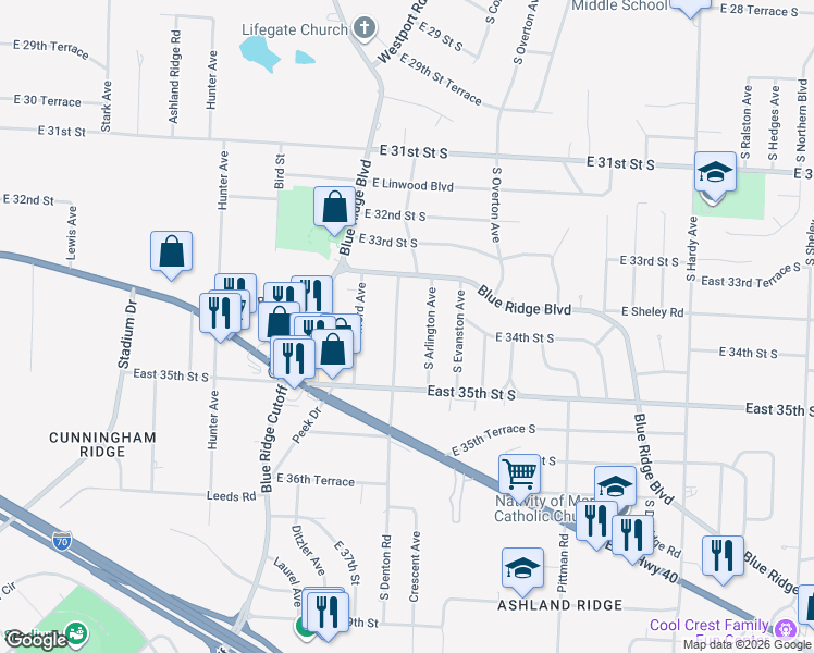 map of restaurants, bars, coffee shops, grocery stores, and more near 3326 South Arlington Avenue in Independence