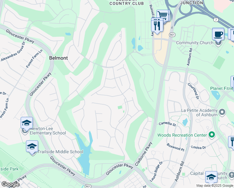 map of restaurants, bars, coffee shops, grocery stores, and more near 43628 Dunhill Cup Square in Ashburn