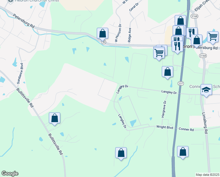map of restaurants, bars, coffee shops, grocery stores, and more near 3620 Langley Drive in Hebron