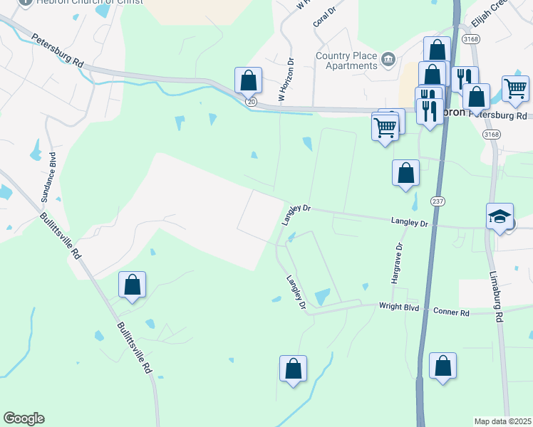 map of restaurants, bars, coffee shops, grocery stores, and more near 3620 Langley Drive in Hebron