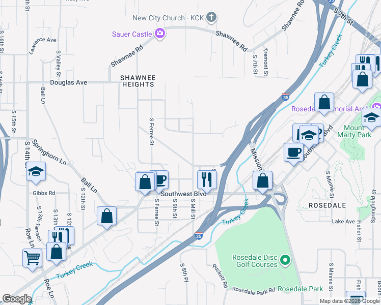 map of restaurants, bars, coffee shops, grocery stores, and more near 2232 South Mill Street in Kansas City