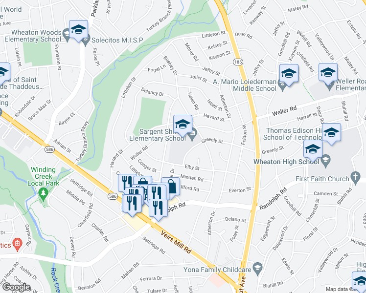 map of restaurants, bars, coffee shops, grocery stores, and more near 12518 Greenly Street in Silver Spring