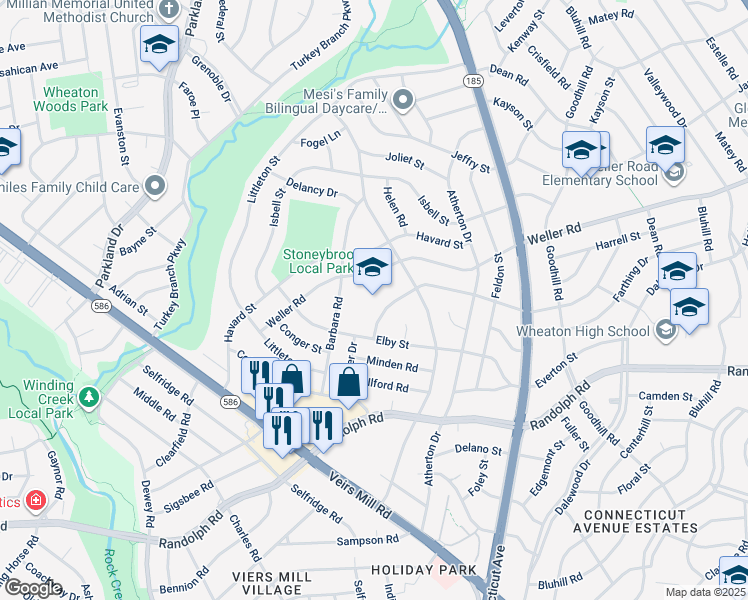 map of restaurants, bars, coffee shops, grocery stores, and more near 12518 Greenly Street in Silver Spring