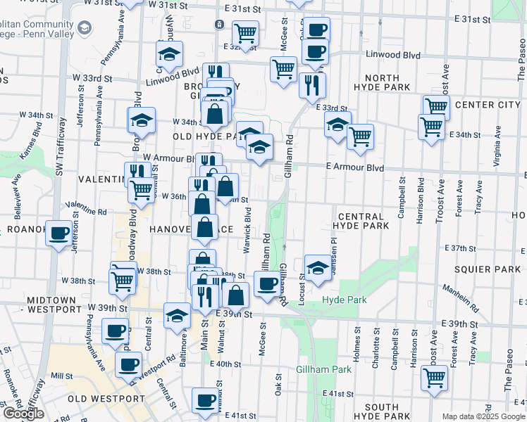 map of restaurants, bars, coffee shops, grocery stores, and more near 3606 Gillham Road in Kansas City
