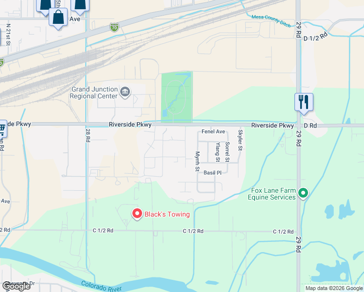 map of restaurants, bars, coffee shops, grocery stores, and more near 386-390 Evergreen Road in Grand Junction