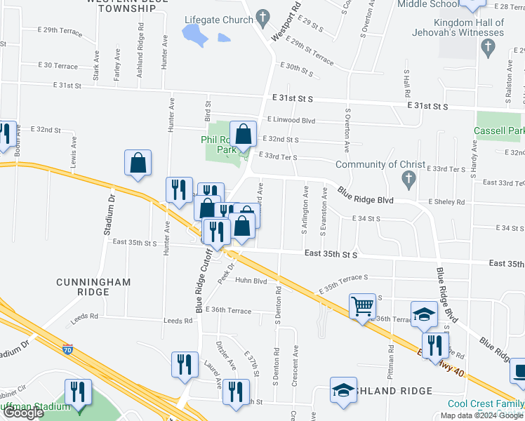 map of restaurants, bars, coffee shops, grocery stores, and more near 3322 South Denton Road in Independence
