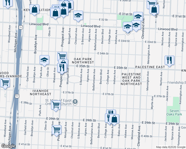 map of restaurants, bars, coffee shops, grocery stores, and more near 3522 Bellefontaine Avenue in Kansas City