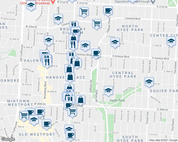 map of restaurants, bars, coffee shops, grocery stores, and more near 3606 Gillham Road in Kansas City