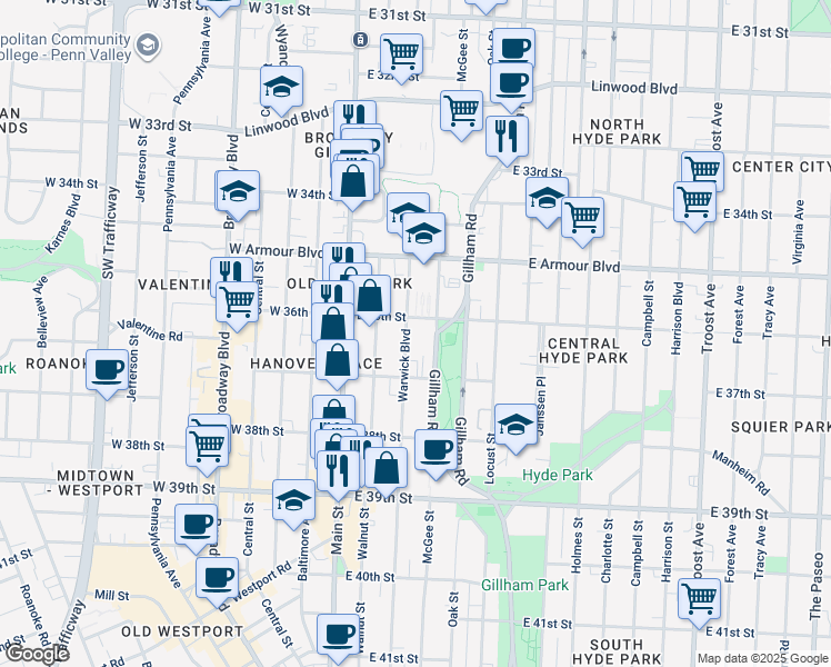 map of restaurants, bars, coffee shops, grocery stores, and more near 3606 Gillham Road in Kansas City