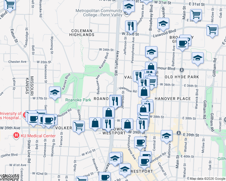 map of restaurants, bars, coffee shops, grocery stores, and more near 814 Valentine Road in Kansas City
